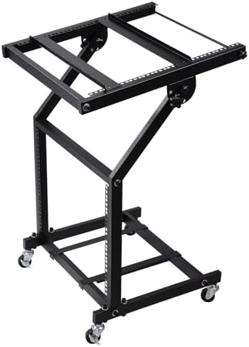 9U/12U/16U DJ Mixer Stand Rack Mount Mixer Case Pro Audio Recording Cabinet DJ Gear Storage Case Rolling Stage Cart Holder for Office Home Stage or Studio Music Show (Black with adjustment beam, 9U)
