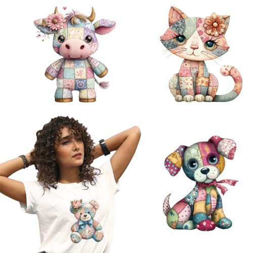 arricraft 4 feuille D'Autocollants Thermocollants Animaux Patchwork Autocollants de Transfert Imprimés en Patchwork Motif Vache Chat Ours Chien pour Décoration de T Shirts Chapeaux