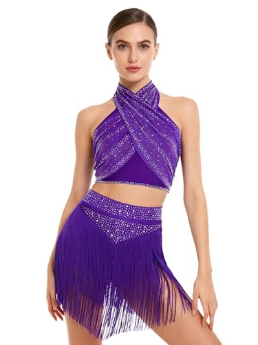Crop top et jupe franges violet de danse latino ornés de paillettes scintillantes S