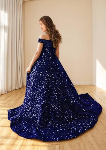 Pageant Dresses for Girls Sparkly Sequin Flower Girl Dress Princess Off Shoulder Ball Gown4