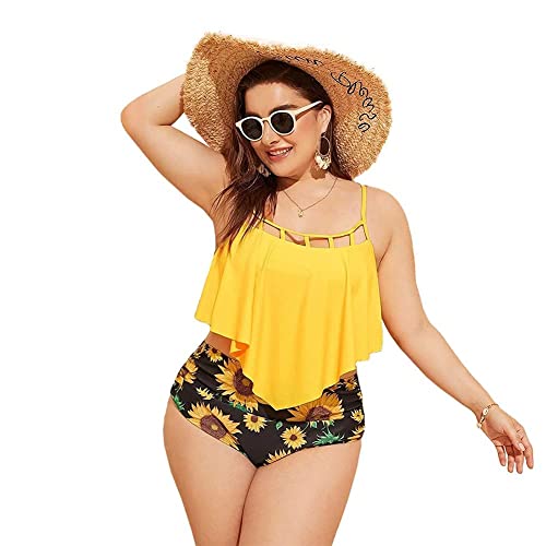 Women's Retro Flounce High Waisted Bikini Ruffle Halter Two Piece Swimsuit Tummy Control Bathing Suit Flounce Tank Tops Sunflower Padded Push Up Bottom Beach Swimwear Tankini Sets Yellow X-Large #TOP2