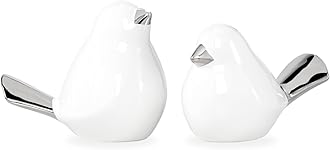 Torre & Tagus Ceramic Bird Decor for Home (Finch), Set of 2 Silver Tipped White Home Decor Bird Figurines for Living Room, Bird Figurine Set for Bedroom, Small Animal Statue & Bird Room Decor