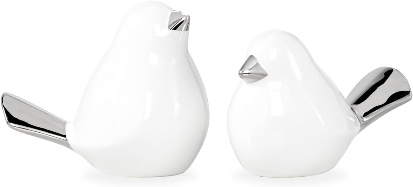 Torre & Tagus 902428A Finch Silver Tipped Decor Figures (Set of 2), White/Silver