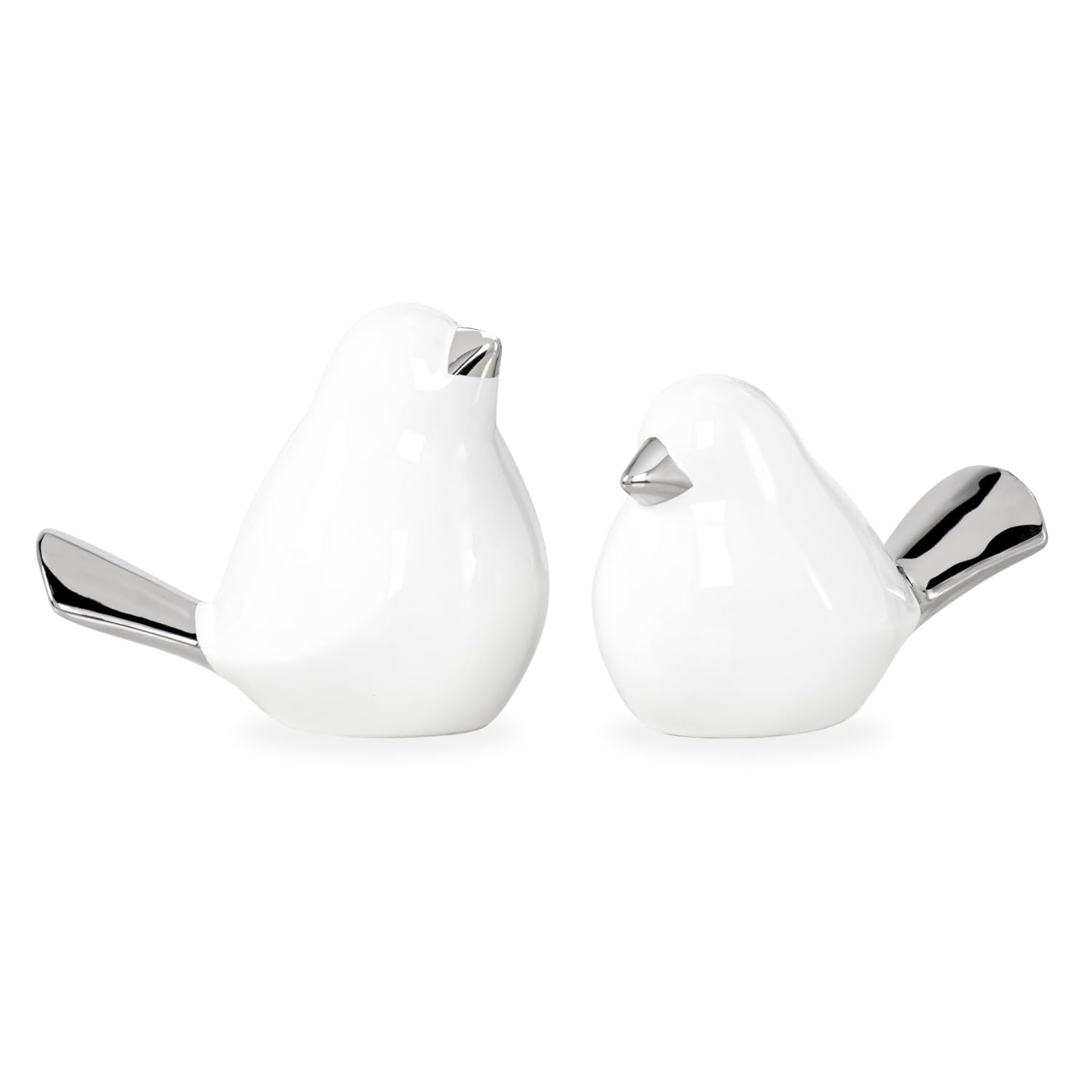 Torre & Tagus Ceramic Bird Decor for Home (Finch), Set of 2 Silver Tipped White Home Decor Bird Figurines for Living Room, Bird Figurine Set for Bedroom, Small Animal Statue & Bird Room Decor