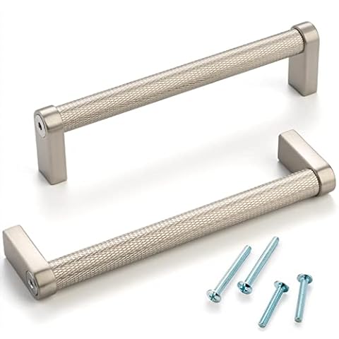 ASKANO 5 Inch Hole Centers, Brushed Nickel Knurled Bar Kitchen Cabinet Pull Handle AP1301 | Pack of 5, Solid Hardware for Drawer, Dresser, Bathroom, Vanity, Furniture Door, Cupboard, Bedroom, 5" Cover