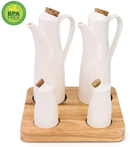 2 Ceramic Olive Oil Dispenser - 2 Condiment Container Spice Jar, Perfect for Soy Sauce or Vinegar Cruet, Modern White Porcelain Pot for Kitchen Seasoning Liquid Bottle with a bamboo base- Set of 4