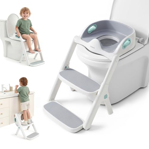 lalalark Potty Training Seat 2-in-1 Toddler Toilet Seat with Steps Upgrade Potty Step Stool for Toddler with Anti-Slip Pad Step Stool Extended Splash Guard Foldable Potty Ladder Boys Girls Green