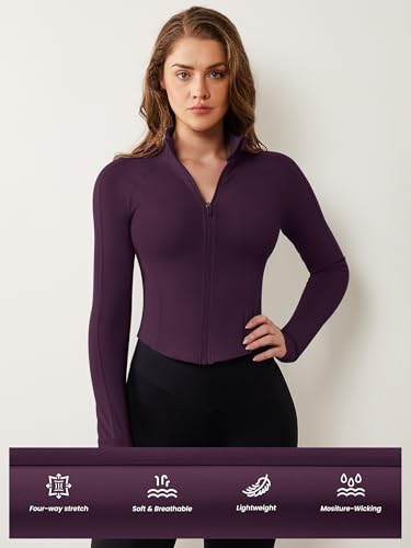 Image of AVGO Women's Workout Jacket Lightweight Zip Up Cropped Yoga Jackets Slim Fit Athletic Tops with Thumb Holes