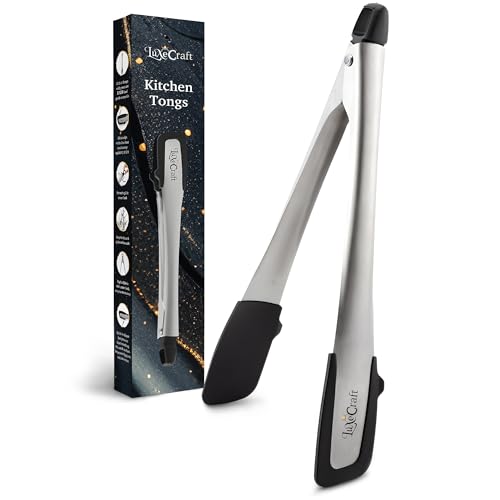Kitchen Tongs - Premium Stainless Steel Tongs for Cooking with Non-Scratch LFGB Silicone Tongs Tips, Locking Handles, Built-In Stand, Dishwasher Safe, Ideal for Grilling, Frying, and Serving