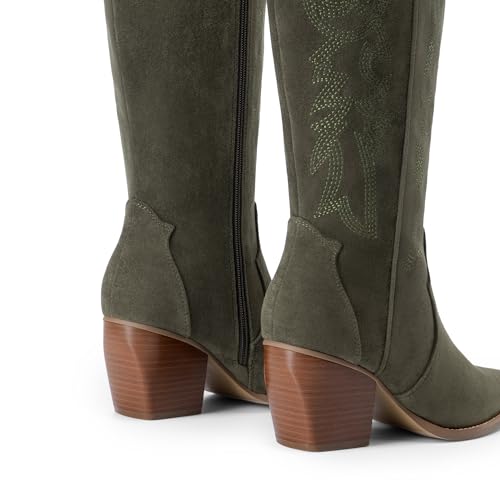 Image of DREAM PAIRS Womens Cowboy Boots Wide Calf Comfortable Pull On Zipper Chunky Heel Pointed Toe Embroidered Western Cowgirl Knee High Boots Ladies Retro Tall Boot