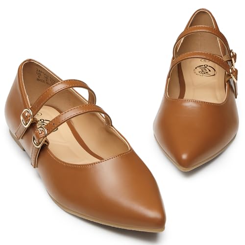 Image of Trary Flats for Women Mary Jane Shoes Women Closed Pointed Toe Ballet Flats Comfortable Slip on Dressy Adjustable Strap Cute Walking Office PU Leather Mary Janes Flat Shoes
