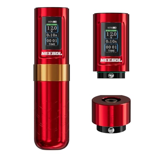 Neebol Wireless Tattoo Gun Rotary Tattoo Machine LED Display Screen 8 Hour Battery Life Extra Battery Permanent Tattoo Art High-end Tattoo Pen Equipment Supply Makeup Gift (Red)