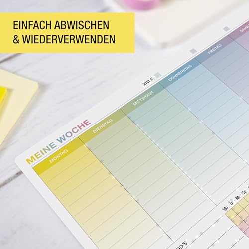 TOBJA Whiteboard Wochenplaner abwischbar A4 Selbstklebender Planer 30 x 21 | Kalender mit To-Do Liste & Habit Tracker | Wiederverwendbarer Wochenplaner für Wand & Kühlschrank (Planer inkl. Stift)