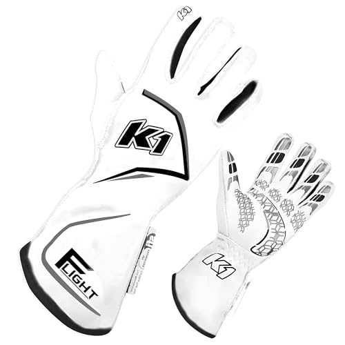 K1 Race Gear K1 Flight Adult Nomex® Auto Racing Gloves SFI 3.3/5 - White, Grey - Large