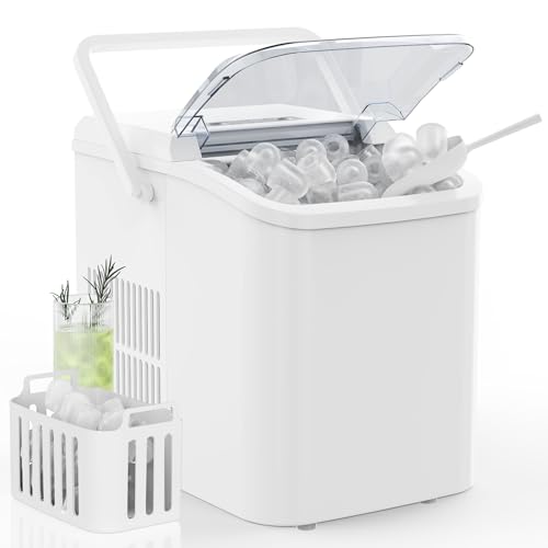 Image of DUMOS Countertop Ice Maker with Handle, 26lbs /24H Portable Ice Machine | 9 Bullet Cubes Ready in 6 Mins, Self-Cleaning, Quiet Compact for Home, Kitchen, RV, Camping, White