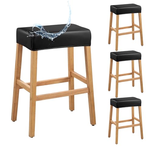 Image of PU Leather Bar Stool Covers Rectangular, 100% Waterproof Stool Covers Rectangle Super Stretch 20% Thicker Leather Saddle Stools Cover Rectangular Counter Bar Stools with Elastic Band (4 PCS, Black)