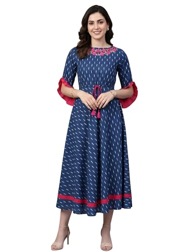 Image of Yash Gallery Women's Fit And Flare Calf Length Cotton Ikat Printed Flared Dress