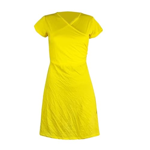Zeagoo Vestido informal para mujer, vestido de verano, monocolor, minivestido elegante, vestido de camiseta, elegante, acampanado, cuello en V, manga corta, tallas XS-XXL, amarillo, XS