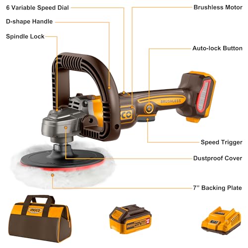INGCO Cordless Rotary Polisher Car Polisher 180mm M14 Brushless 3IN1 Polisher Buffer and Sander with 4.0Ah Battery and Charger for Car Detailing Polish Buffing Sanding DIY APLI20181 - Image 3