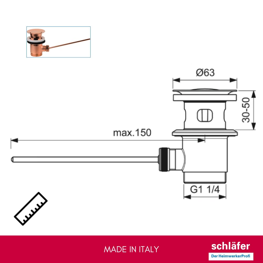 Schläfer 40510310 | Desagüe universal de 1 1/4 pulgadas con rebosadero color cobre – Válvula desplegable para lavabo y lavabo, completo rebosadero con tapón de latón