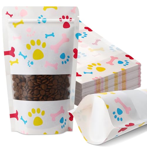 Dunzoom 200 Pcs Paw Dog Treat Bags Puppy Party Favor 4.7" x 7.9" Paw Gift Bag Resealable Stand up Kraft Paper Zipper Pouch Dogs Packaging for Homemade Treats, Food-safe Material