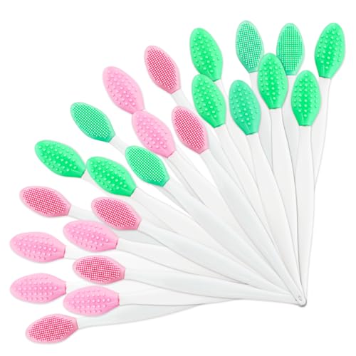 24 Pcs Silicone Lip Scrub Brush Exfoliator Tool, Double Sided Lip Scrubber for Men Women Gentle Exfoliating and Soft Cleaning, Lightening for Dark Lips (Pink, Green)
