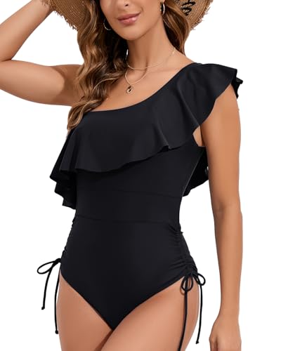 One Piece Swimsuit for Women Ruffled Swimwear One Shoulder Slimming Bathing Suit