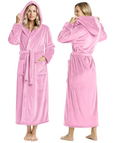 NY Threads Peignoir long en polaire à capuche pour femme, rose, X-Large