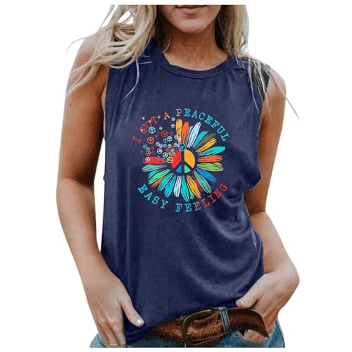 Klamotten Débardeur sexy ALLTB pour femme avec motif de tournesol signe de paix pour femme, bleu marine, t-shirt à motif floral, sans manches, signe de paix, t-shirts de nouveauté amples, bleu foncé