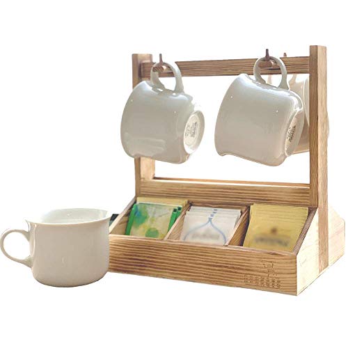 NEOKAVE Rustic Wooden Tea Bag Storage Box Organizer - Two sided tea stand Tea Bag Mug Holder Caddy - Coffee Condiment Organizer Station