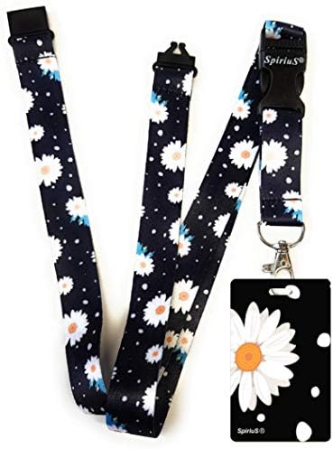 SpiriuS Lanyard Neck Strap with Unique Soft Plastic Badge Holder for Mobile ID Keys mp3 USB Holder. (Unique Daisies in Black)