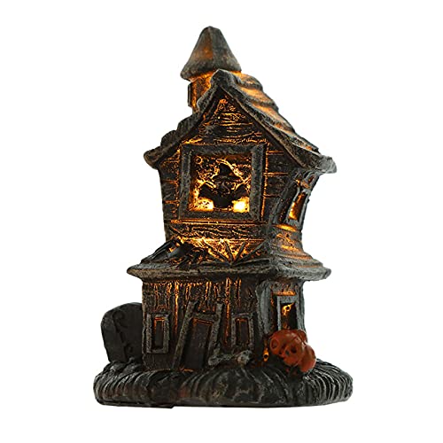 Halloween Christmas Resin Haunted House- LED Lighted Halloween Village Houses with Figurines, Halloween Village Collection Indoor Room Decor Ornament (Witch, One Size)