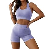 Sfit Sport Set Damen Kurz Gym Outfit Set 2 Teilig Racerback Sport BH + Scrunch Shorts Sport Outfit Fitness Set Sommer 2 Teiliges Workout Set Fitness Bekleidung(Lila,S)