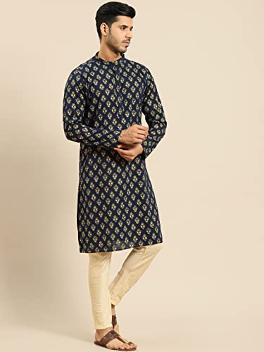 Image of Men's Navy Blue Cotton Festive Wear Regular Fit Woven Design Kurta | Indian Wedding Wear Kurta | Festive Ethnic Kurta