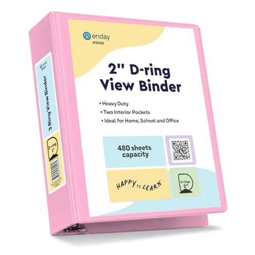 Enday 2 Inch Binder, Pink - 2 Inch 3 Ring Binder, D-Ring Pastel with Clear View Cover for Letter Size 8.5 x 11 Paper & 2 Inside Pockets, Ideal for School Supplies, Office, and Home