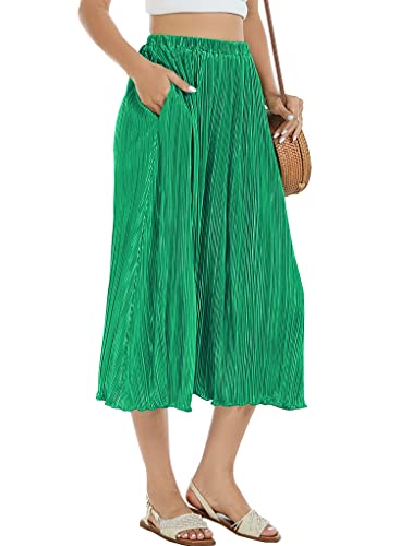 Ranphee Green Midi Skirts For Women Summer Dressy Casual Trendy Elastic Waist Calf Length A Line Flowy Flare Ladies Skirt With Pockets S #TOP5