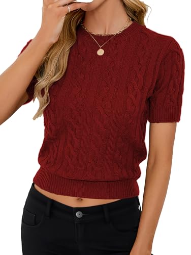 Image of Libsorge Womens Cropped Short Sleeve Sweater Fall 2025 Crewneck Sheer Knit Tops - Lightweight, Thin, Crop, Slim Fit