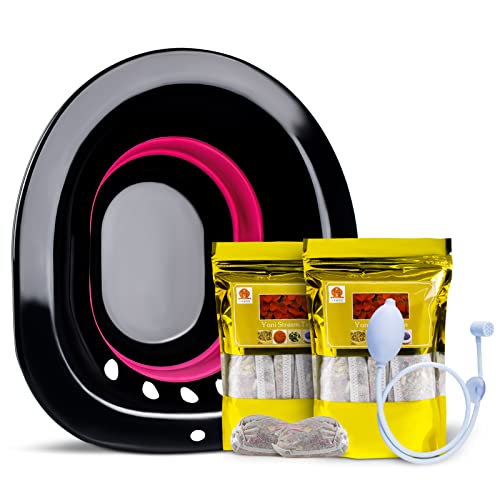 Yoni Steam Seat Kit with Yoni Steam Herbs (5 Ounce) and 2 hooks Bundle Yoni Steam Seat with Flusher 2 in 1 for Toilet Yoni Steam Herbs for Cleansing Foldable Squat Free Sit Bath for Women(Black)