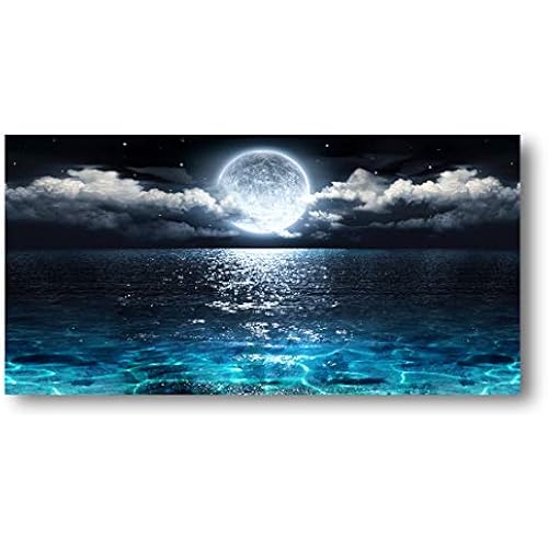Wall Art Moon Sea Ocean Landscape Picture Canvas Wall Art Print Paintings Modern Artwork for Living Room Wall Decor and Home Décor Framed Ready to Hang,24x48inches,1inch Thick Frame,Waterproof Artwork