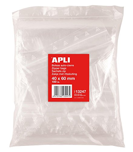 APLI 13247 - Pack de 100 bolsas de plástico con autocierre, 40 x 60 mm