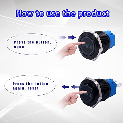 Mankk 19Mm Push Button Switch High Head Blue Led 12V Spst On/Off Domed Waterproof Black Stainless Steel Rear Lights 10A 24Vdc Pushbutton Switch, For Car Boat Truck G-L-19-02-Bk-Bu #TOP3