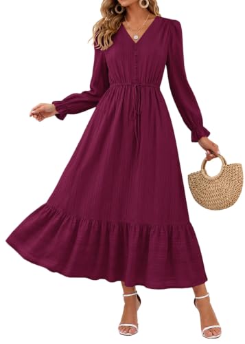 Lazysmile Women's Long Sleeve Maxi Dresses 2026 Fall V Neck Button Down Tie Waist Swing Casual Boho Dress with Pockets Wine Red