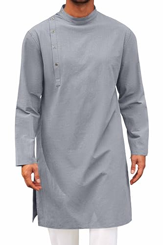 Image of Runcati Mens Kaftan Thobe Robe Long Sleeve Cotton Henley Shirt Casual Muslim Gown Salwar Kurta