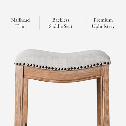 Image of Maven Lane Adrien Backless Counter Stool - 26 Inches - Saddle Stool with Footrest - Brown Solid Wood Frame & Natural Fabric Upholstery - Perfect for Kitchen Islands & Counters