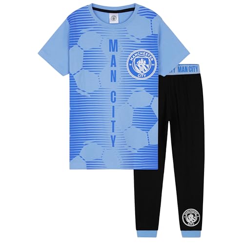 Manchester City FC Boys Pyjamas Set - Nightwear PJs for Kids Teenagers Loungewear - Soccer Gifts for Boys (Blue/Black, 9-10 Years)