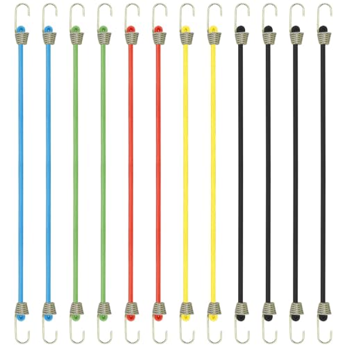 Funalix Lot de 12 mini cordons élastiques indéchirables avec crochets - Pour vélo, bagages, bâche, voiture, camping-car et camping en plein air (multicolore/25,4 cm)