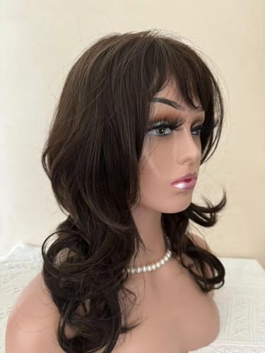Image of Women Natural Daily Wigs Medium Long Wavy Dark Brown Layered Cut Synthetic Hair Capless Wig For Daily Use, Party, Halloween Wigs
