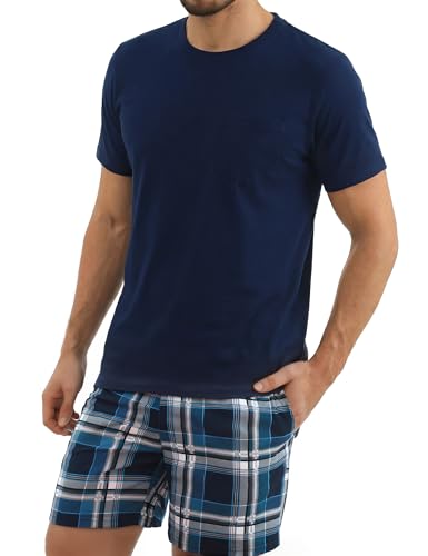 Bresdk Mens Cotton Loungewear Set Short Sleeve Pyjama Top with Chest Pocket & Plaid Shorts Lightweight Stretch Sleepwear Navy Blue XL