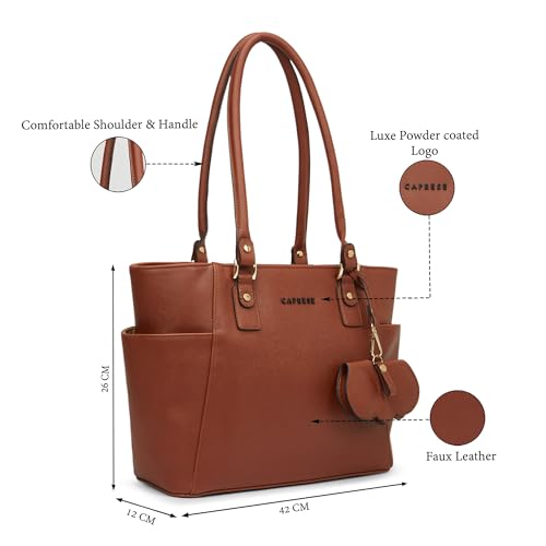 Image of Caprese Lexi Medium Tote Bag for Women | Solid Faux Leather Shoulder Handbag with Zipper Closure | External Eyewear /Sunglass Charm Case | Stylish Bag for Office & Everyday Use