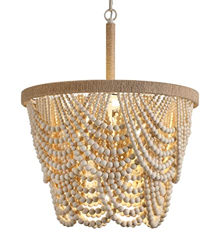 Q&S Boho Wood Beaded Chandelier,Farmhouse Coastal Large Bohemia 5 Lights for Dining Room Kitchen Living Room Entryway Foyer Hotel W19.9 UL Listed